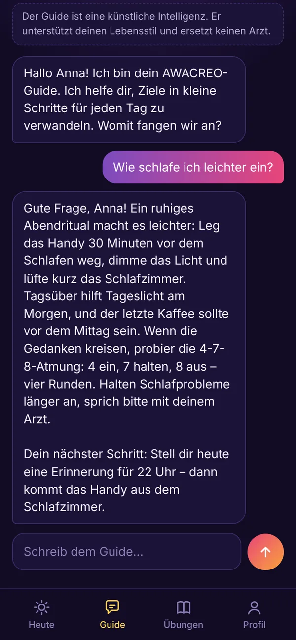 Chat mit dem KI-Guide: Frage zum Einschlafen und Antwort