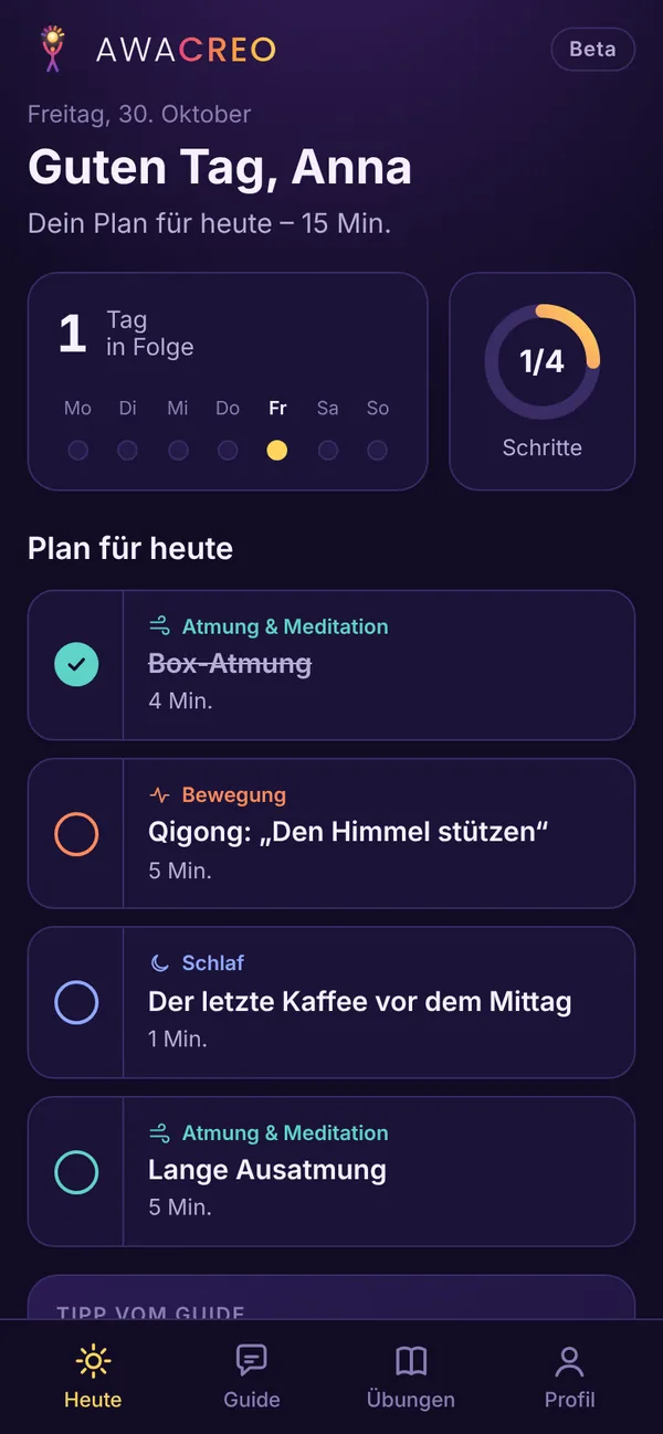 AWACREO-App: Tagesplan mit vier kurzen Schritten